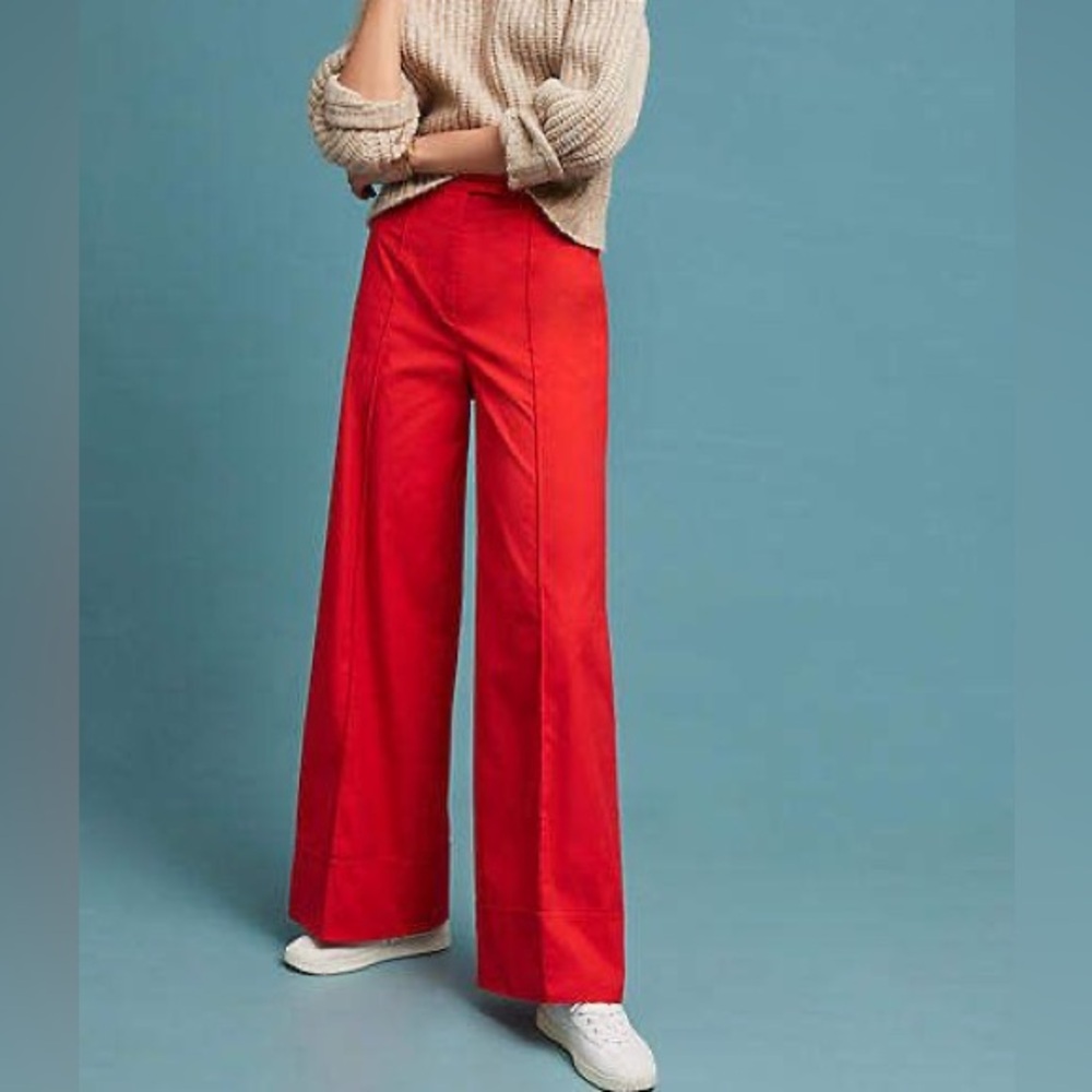 Anthropologie Size 4 Red Wide Leg High Waisted Cuffed Cotton Pants